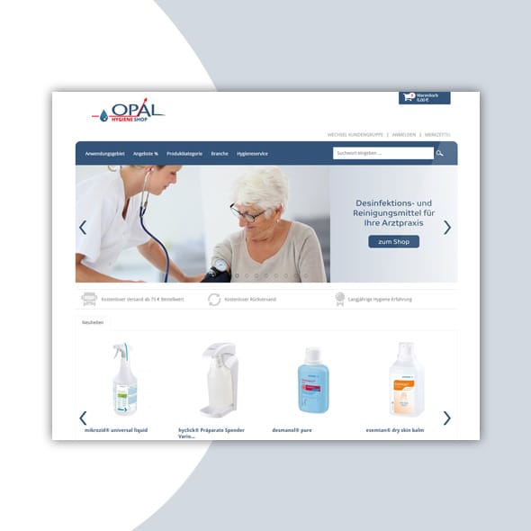 Screenshot of an online store on a blue and white background