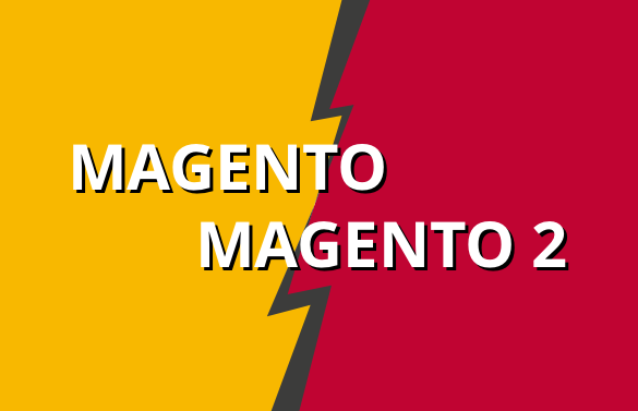 Rechteckige Grafik: linke Fläche in Gelb mit weißem Text Magento, rechte Fläche in rot mit weißem Text Magento 2, Flächen durch einen dunklen Blitz getrennt